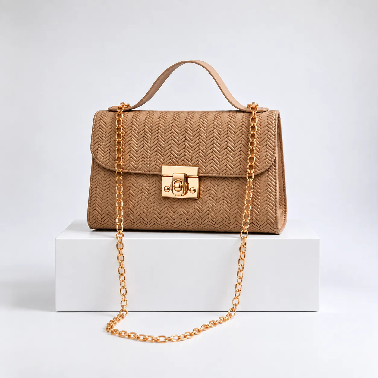 Beige Chevron Handbag With Gold Chain